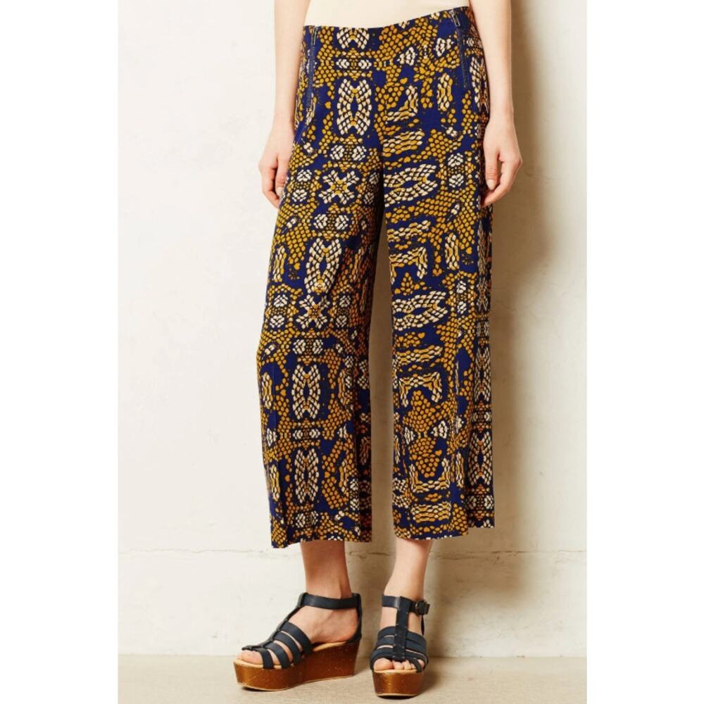 Anthropologie Cartonnier Wide Leg Cropped Flowy Pants Blue Yellow Women's Size 0